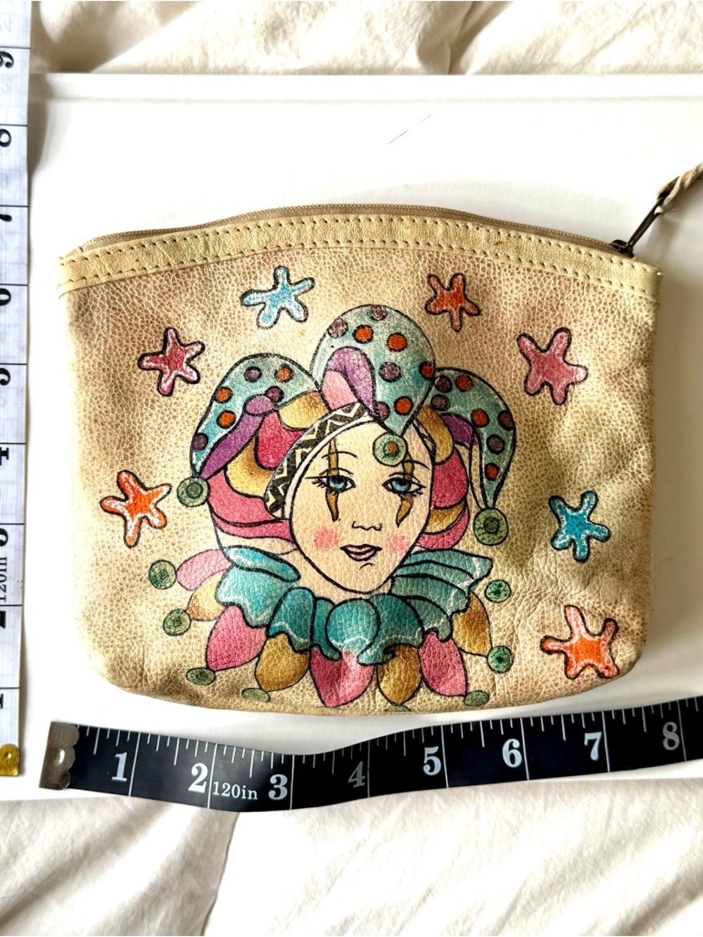 Artisan Hand-Painted Jester Leather Pouch in Cream and Multicolor